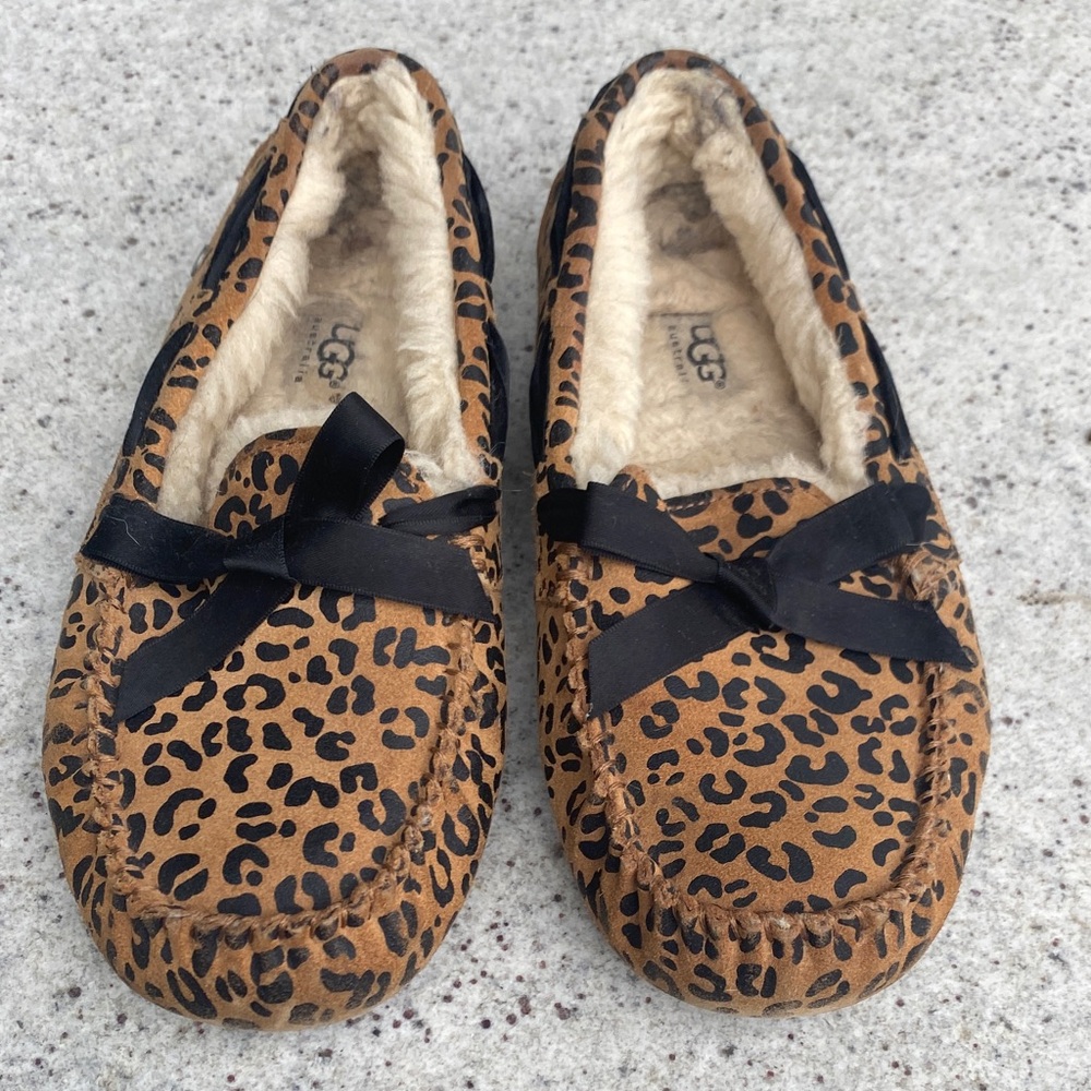 UGG Women's Tan Leopard Slippers with Black Bow